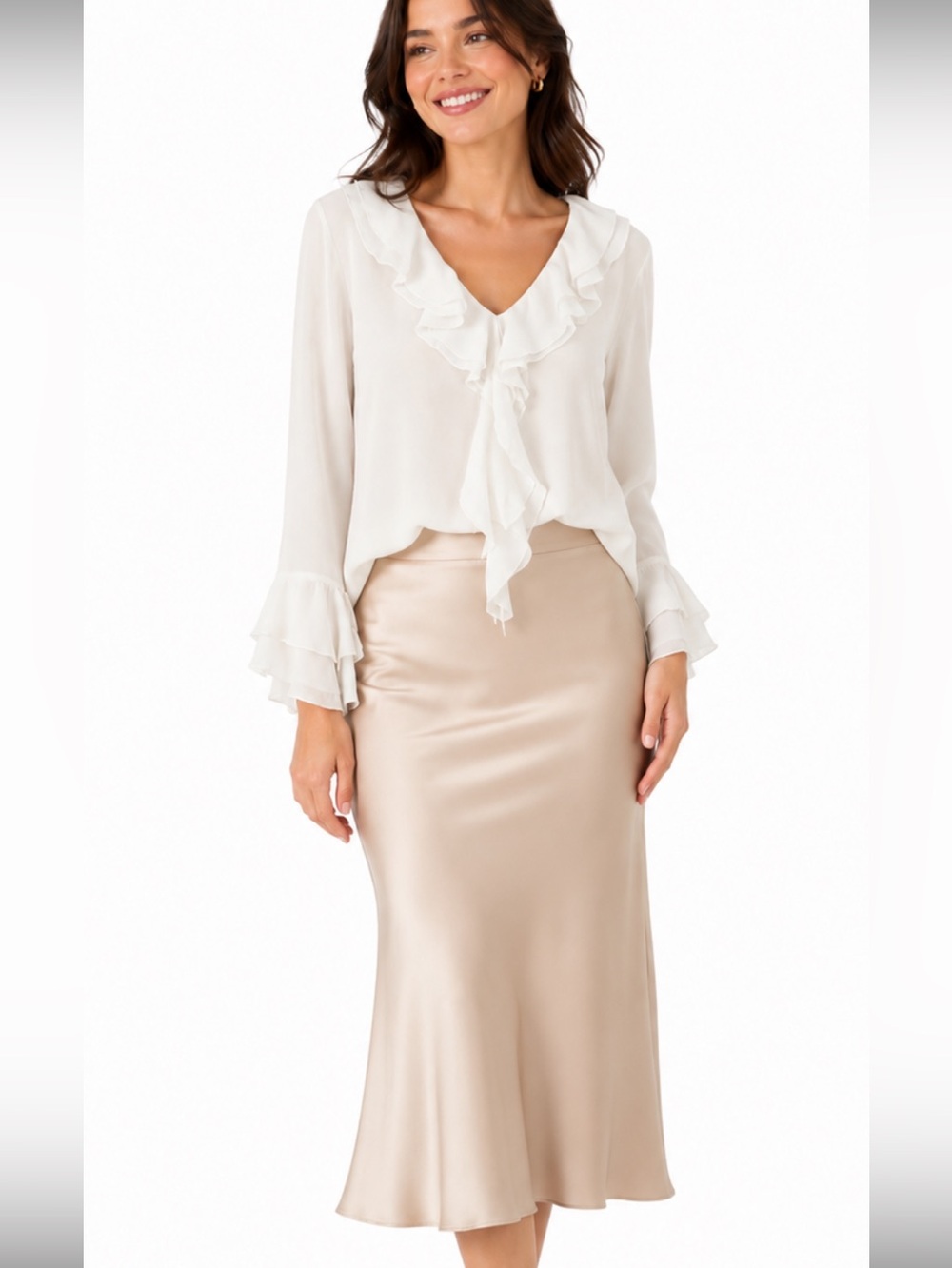 JONES New York White Sheer Ruffle V-Neck & Sleeve Pullover Blouse 1X
